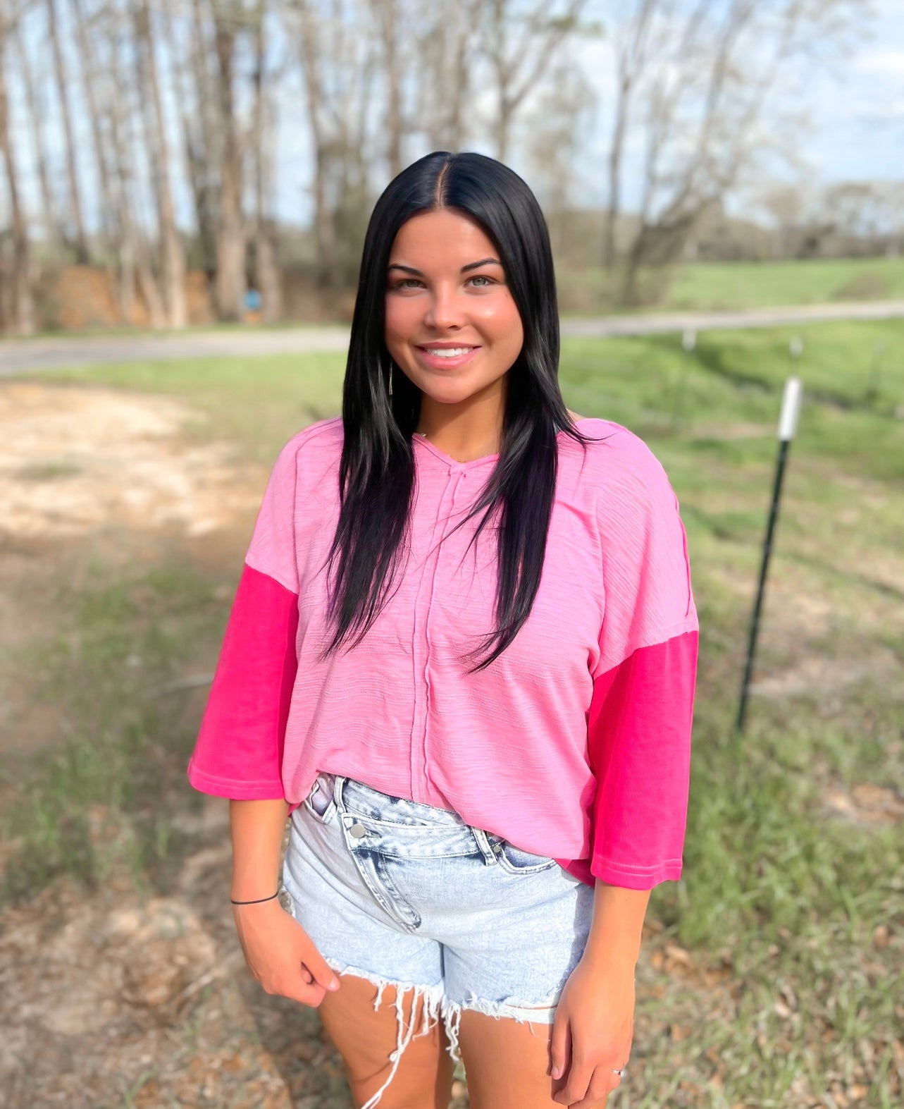 Pink color block oversized shirt ♡︎